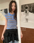 12a54 Striped cap-sleeve knit polo – navy mix