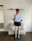 12a52 Asymmetrical gingham-sleeve set – pastel tones
