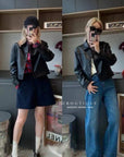 17a72 Basic Black Faux Leather Jacket with Peter Pan Collar