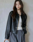 17a72 Basic Black Faux Leather Jacket with Peter Pan Collar