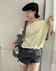12a52 Asymmetrical gingham-sleeve set – pastel tones