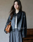 17a72 Basic Black Faux Leather Jacket with Peter Pan Collar