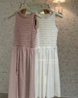 15v38 Textured smocked midi dress – soft pastel charm