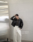 16a30 Leather jacket with Peter Pan collar and buttoned sleeves