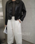 16a30 Leather jacket with Peter Pan collar and buttoned sleeves