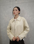 16a30 Leather jacket with Peter Pan collar and buttoned sleeves