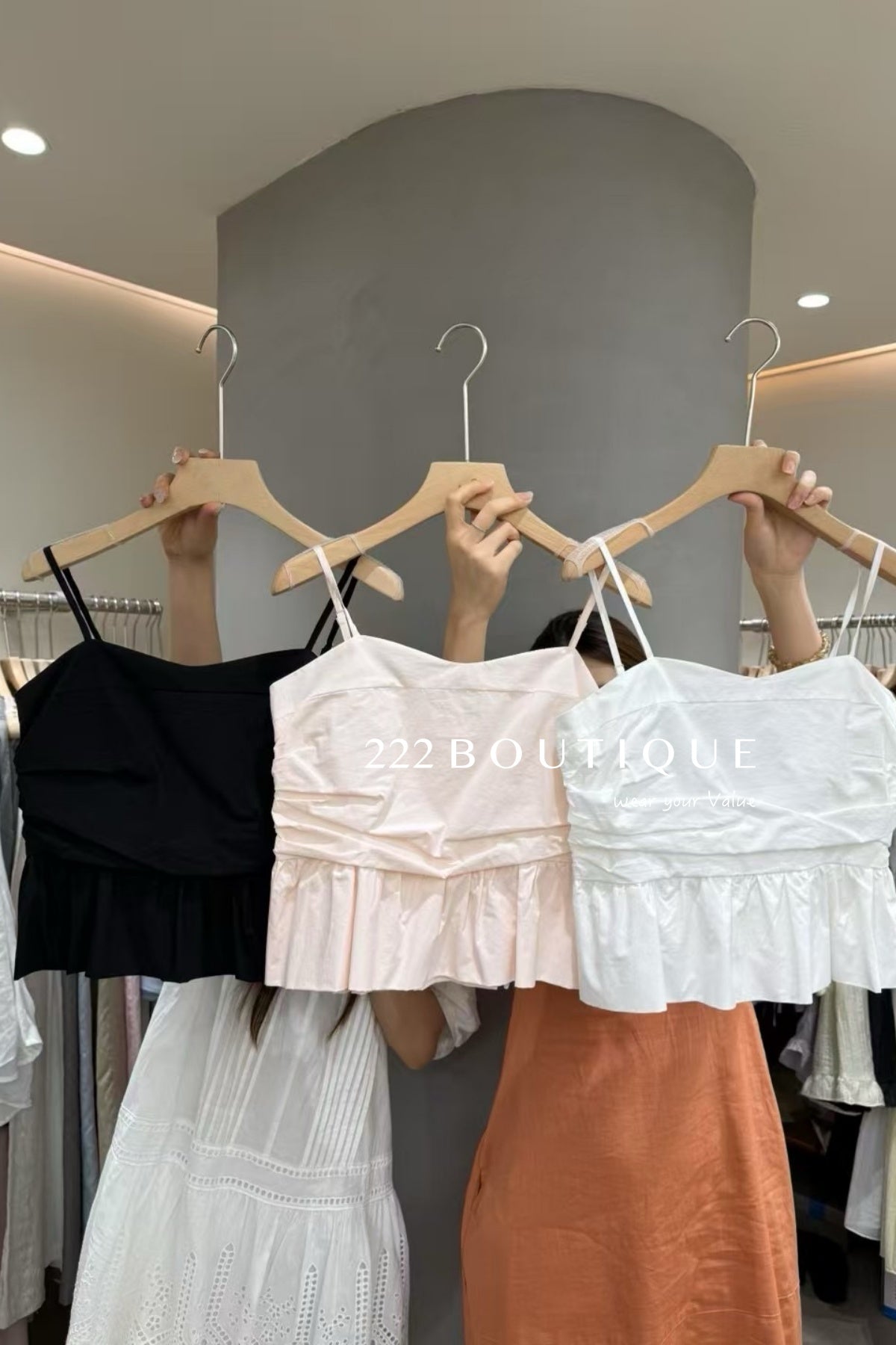13a120 Ruffled cotton cami top – soft monochrome hues
