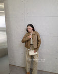 16a30 Leather jacket with Peter Pan collar and buttoned sleeves