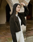 17a22 Short leather jacket with stand collar