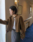 17a22 Short leather jacket with stand collar