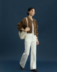 17a22 Short leather jacket with stand collar