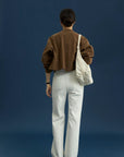 17a22 Short leather jacket with stand collar