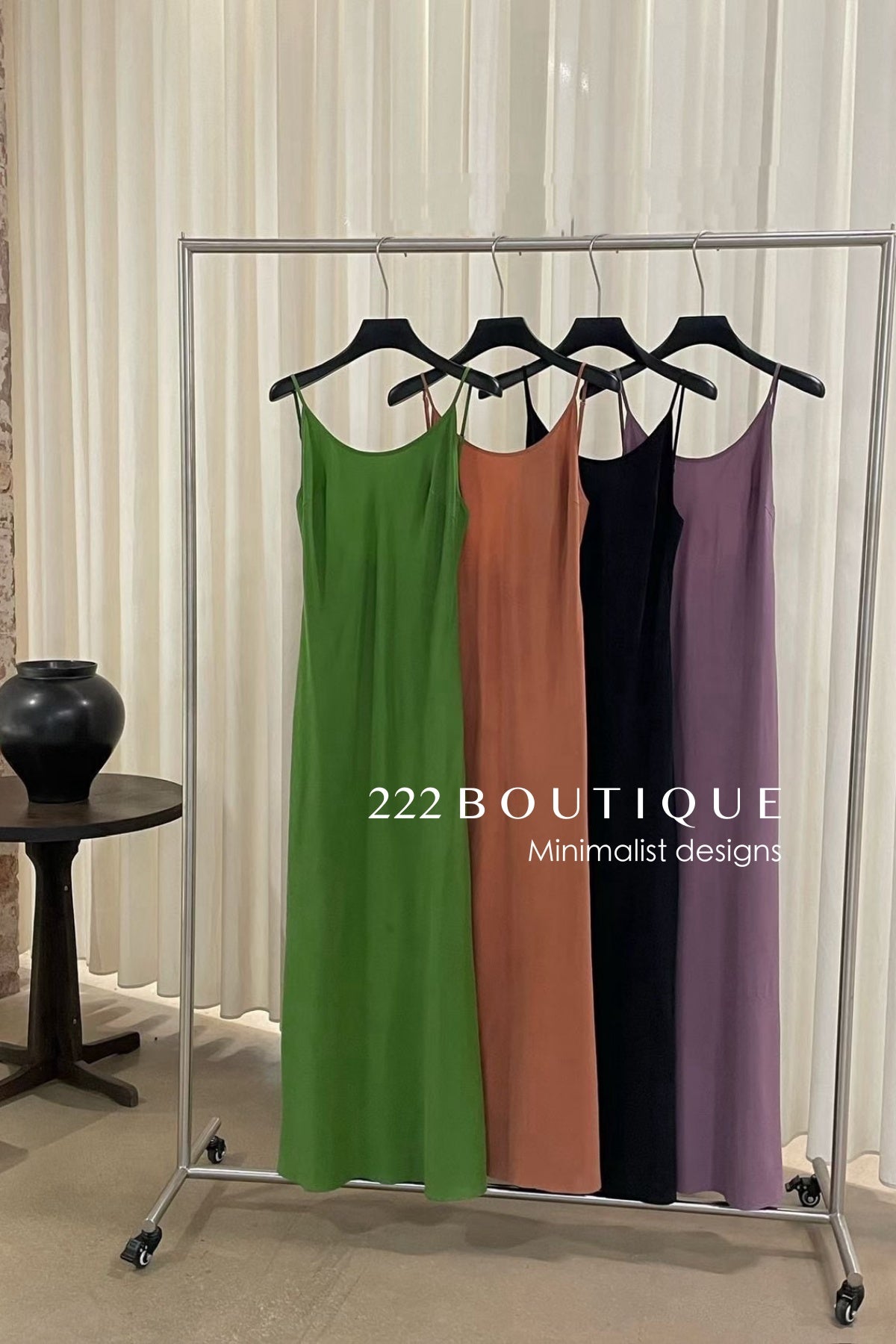 15v34 Silk slip dress – bold color, sleek silhouette