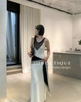 15v32 Mesh panel knit dress – bold lines, soft drape
