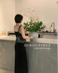 15v32 Mesh panel knit dress – bold lines, soft drape