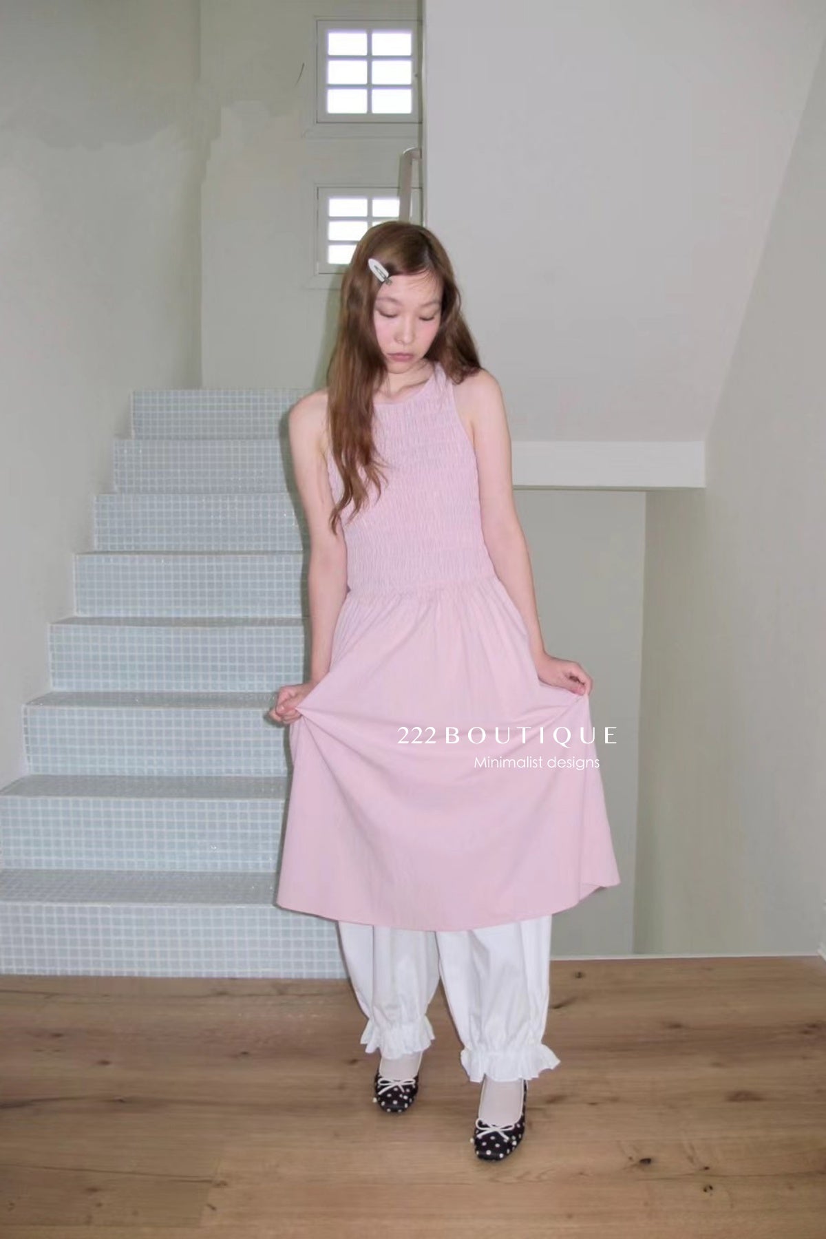 15v38 Textured smocked midi dress – soft pastel charm