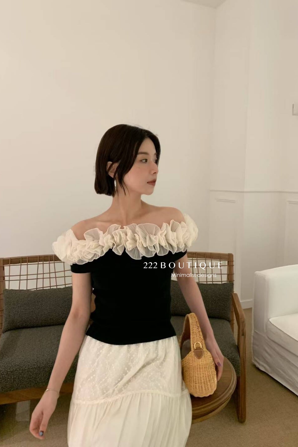 15a51 Ruffled mesh off-shoulder top – soft sculptural contrast