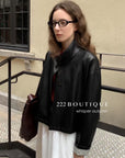 16a32 Leather jacket with stand collar