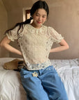 14a18 Short-sleeve lace blouse with Peter Pan collar