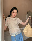14a18 Short-sleeve lace blouse with Peter Pan collar