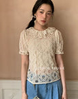 14a18 Short-sleeve lace blouse with Peter Pan collar
