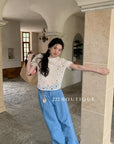 14a18 Short-sleeve lace blouse with Peter Pan collar