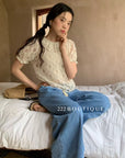 14a18 Short-sleeve lace blouse with Peter Pan collar