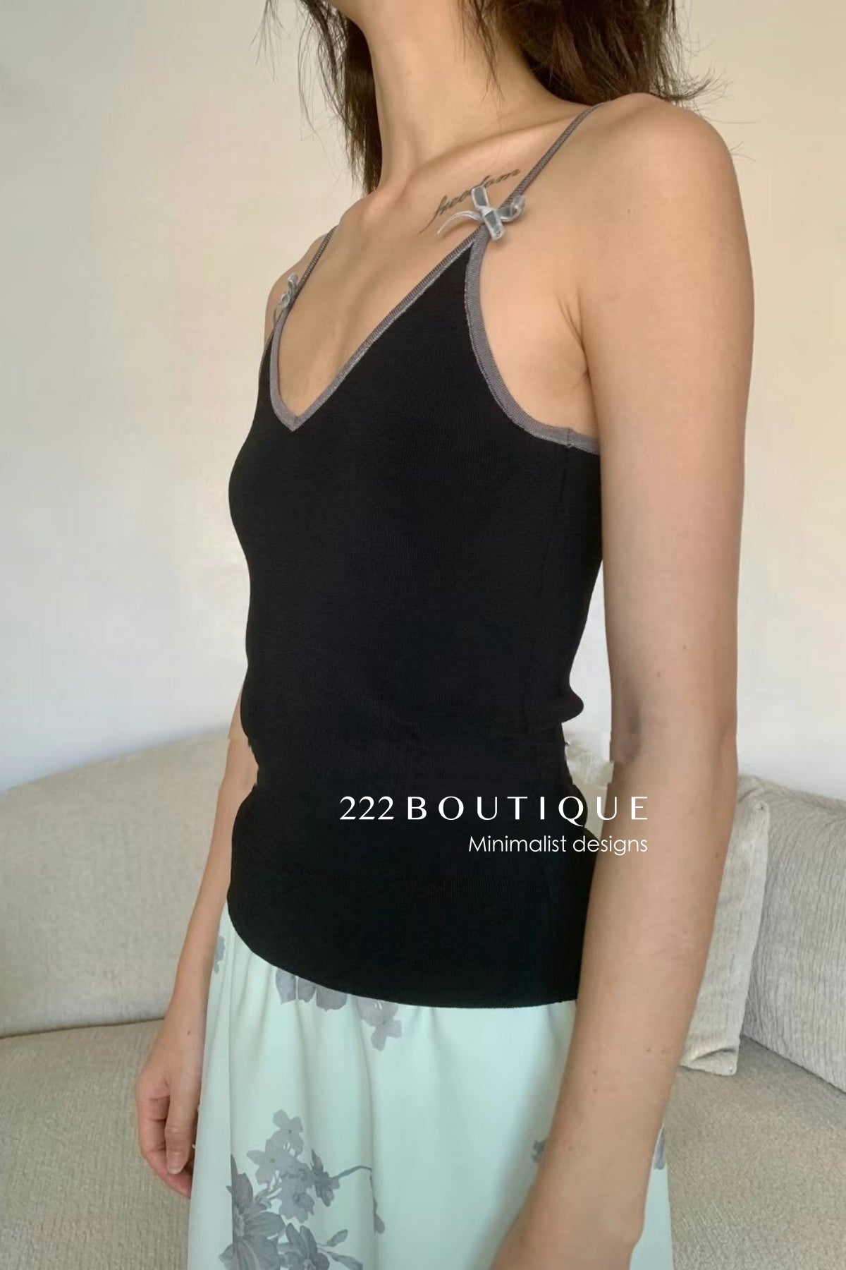 12a57 Velvet bow strap cami – soft rib knit