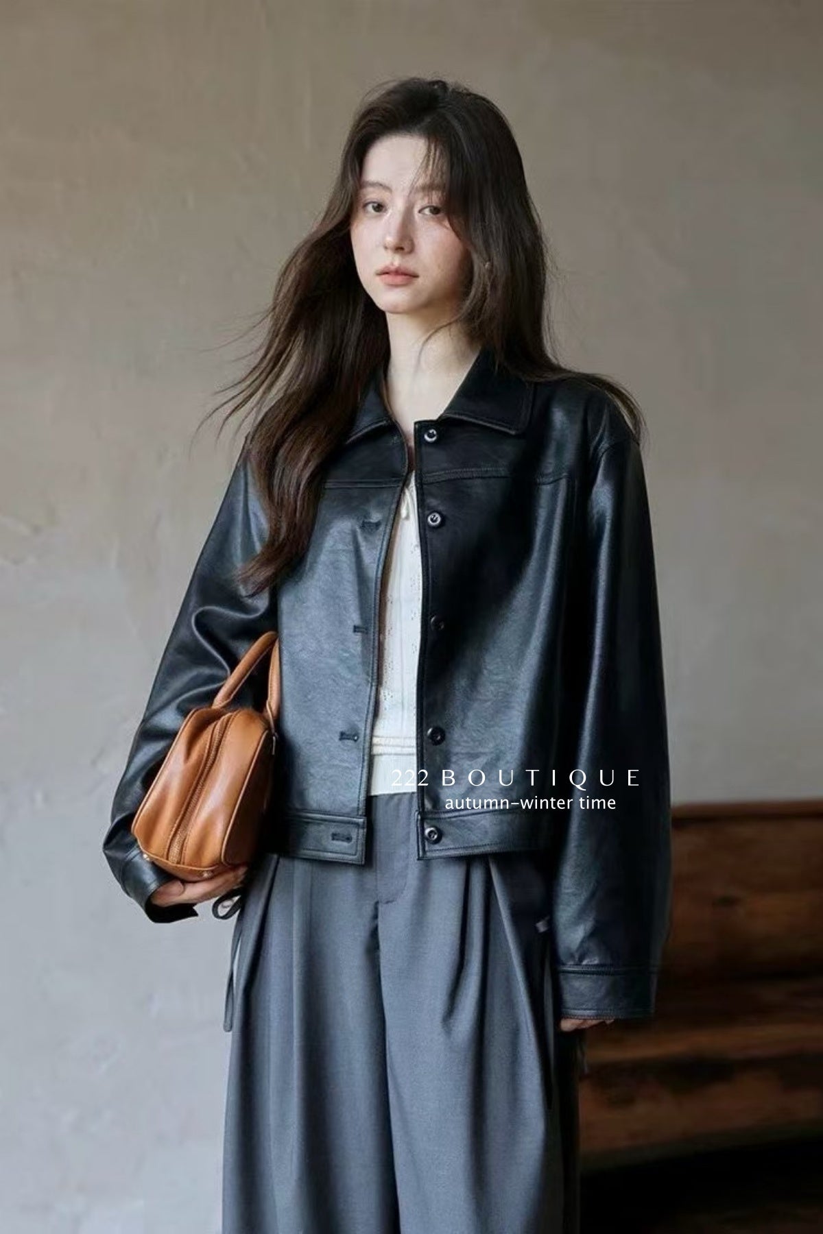 17a72 Basic Black Faux Leather Jacket with Peter Pan Collar