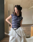 12a54 Striped cap-sleeve knit polo – navy mix