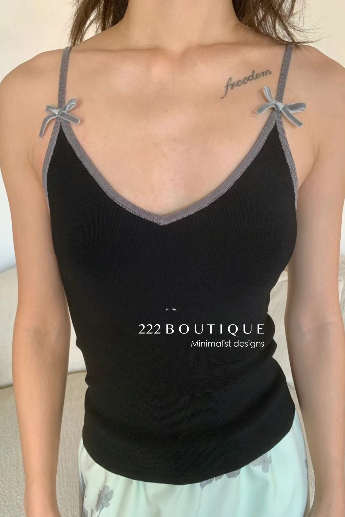 12a57 Velvet bow strap cami – soft rib knit