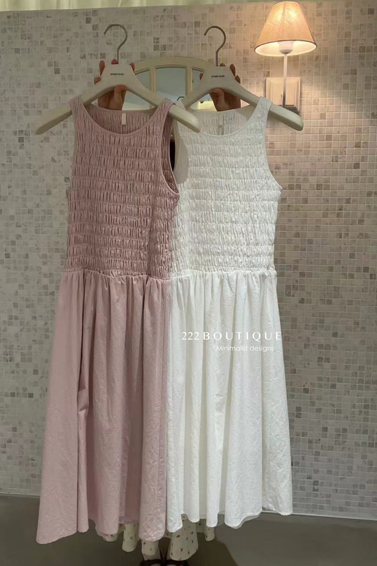 15v38 Textured smocked midi dress – soft pastel charm