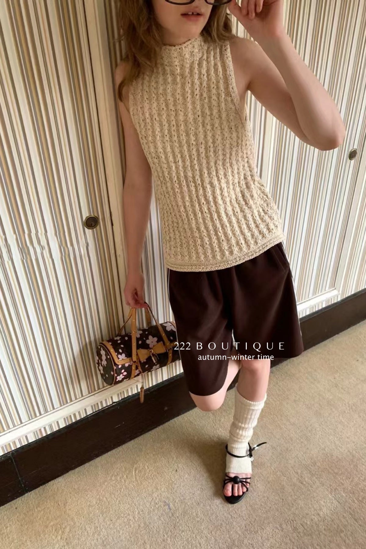 17a80 Hand-Crocheted High-Neck Vest – Cream &amp; Beige