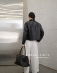 16a30 Leather jacket with Peter Pan collar and buttoned sleeves