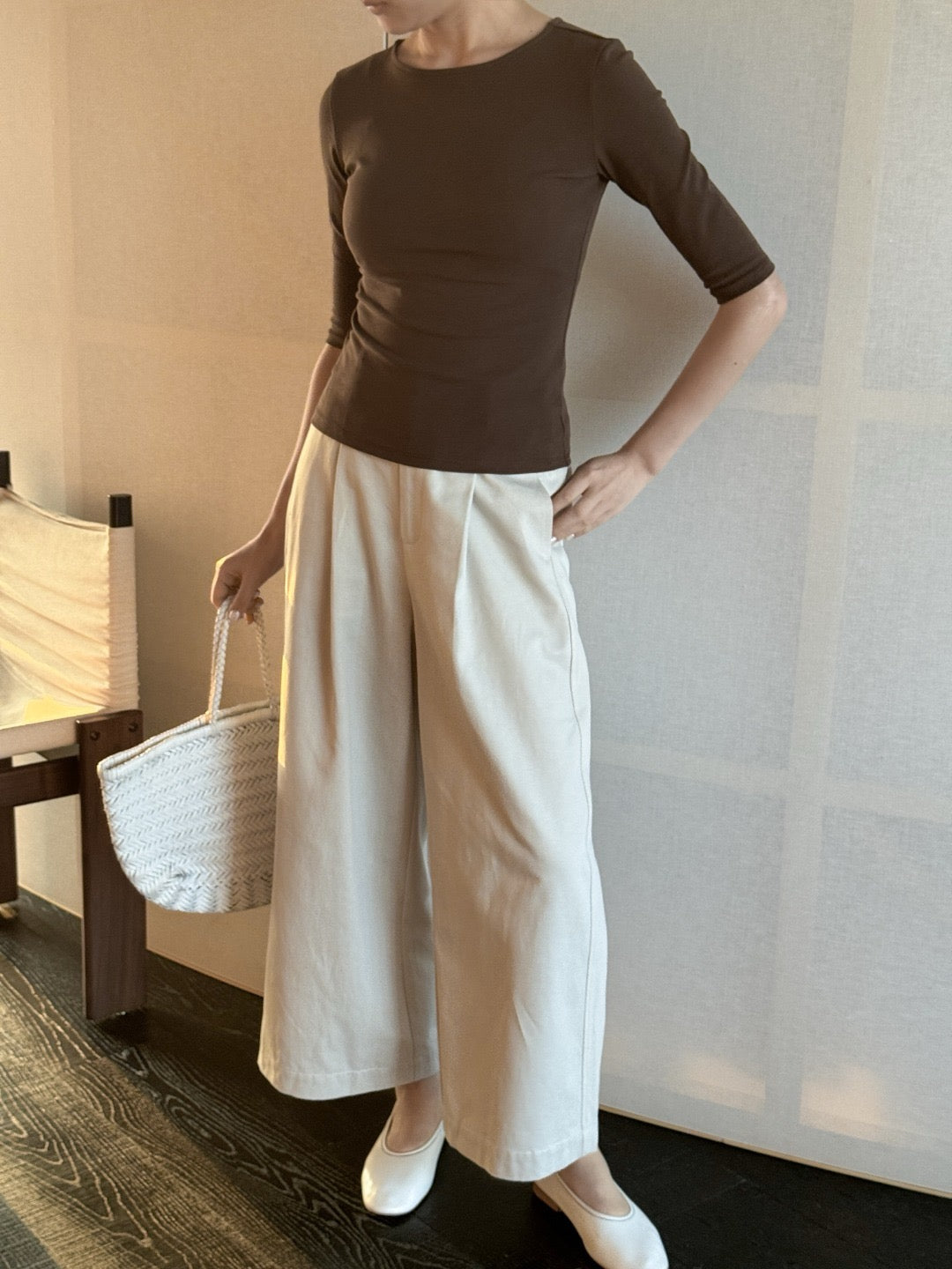 17q24 Basic wool-blend khaki shorts with elastic waist