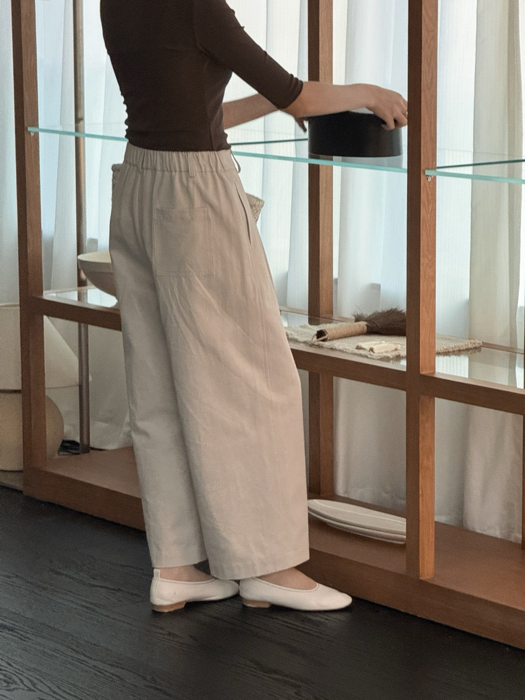 17q24 Basic wool-blend khaki shorts with elastic waist