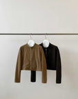 17a22 Short leather jacket with stand collar