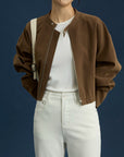 17a22 Short leather jacket with stand collar
