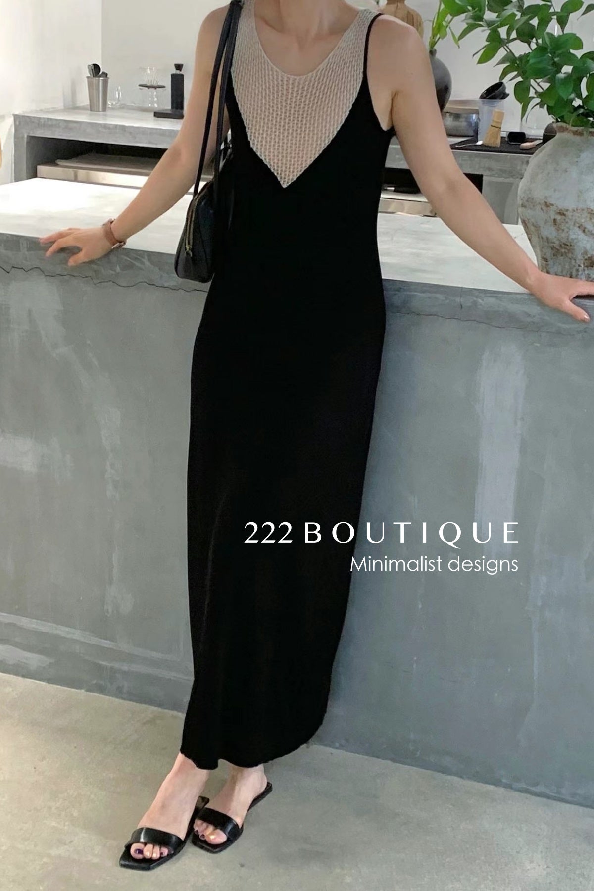 15v32 Mesh panel knit dress – bold lines, soft drape
