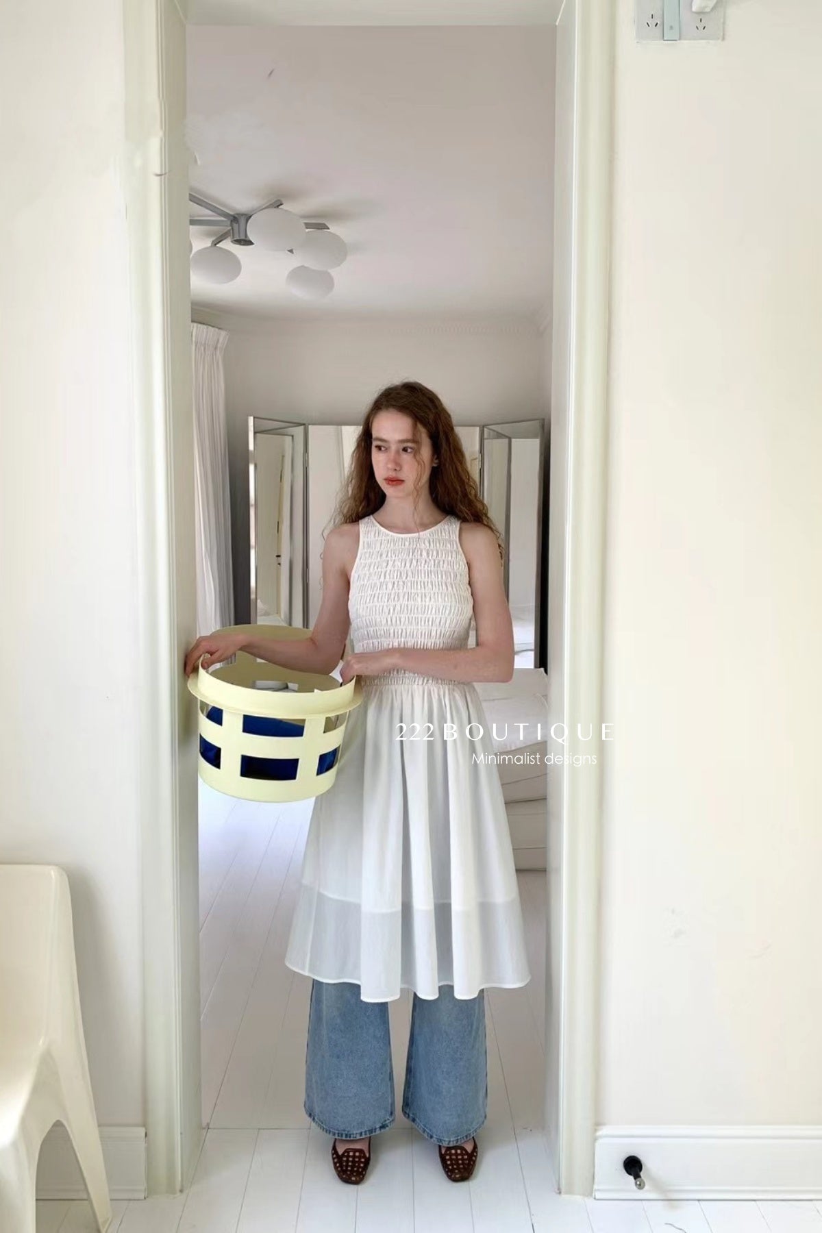 15v38 Textured smocked midi dress – soft pastel charm