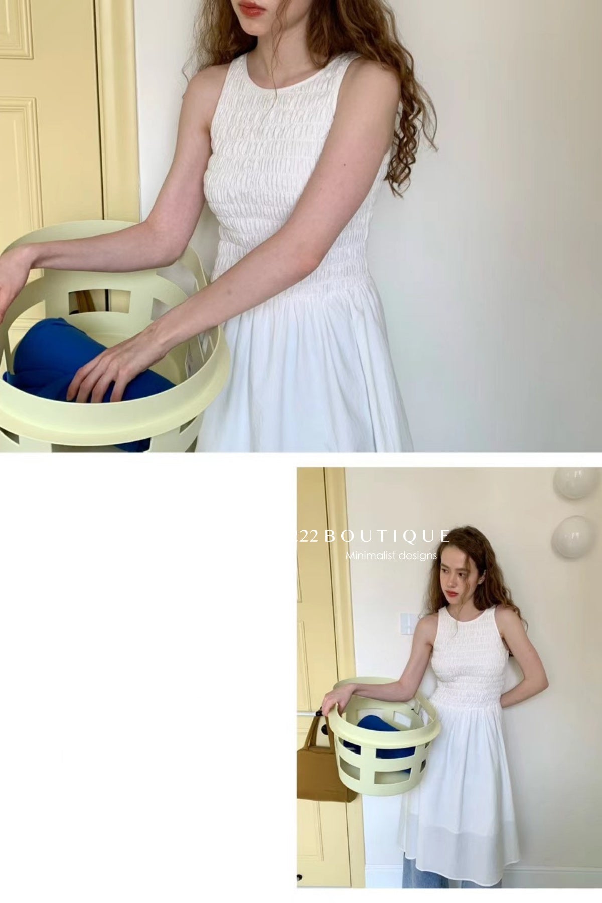 15v38 Textured smocked midi dress – soft pastel charm