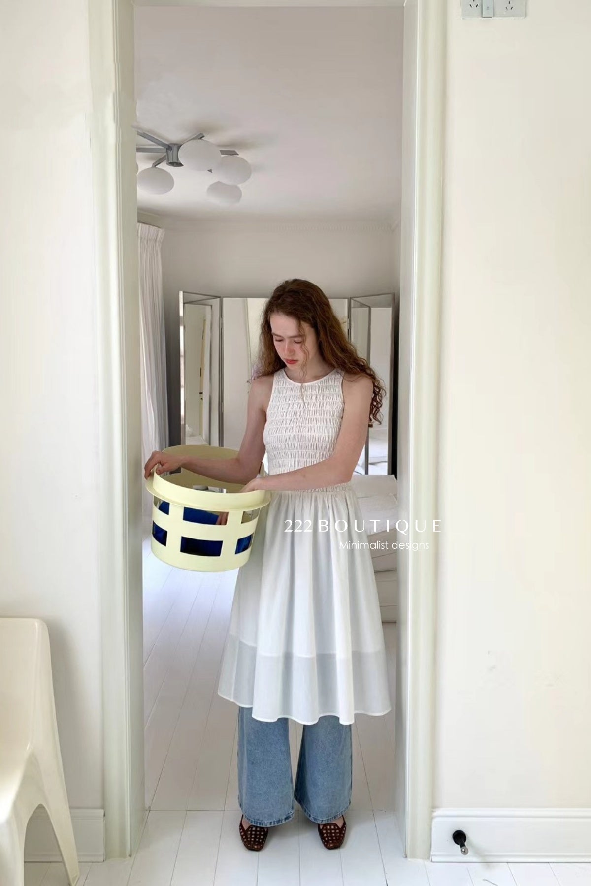 15v38 Textured smocked midi dress – soft pastel charm