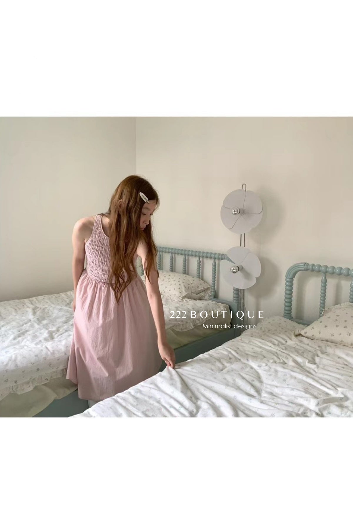 15v38 Textured smocked midi dress – soft pastel charm
