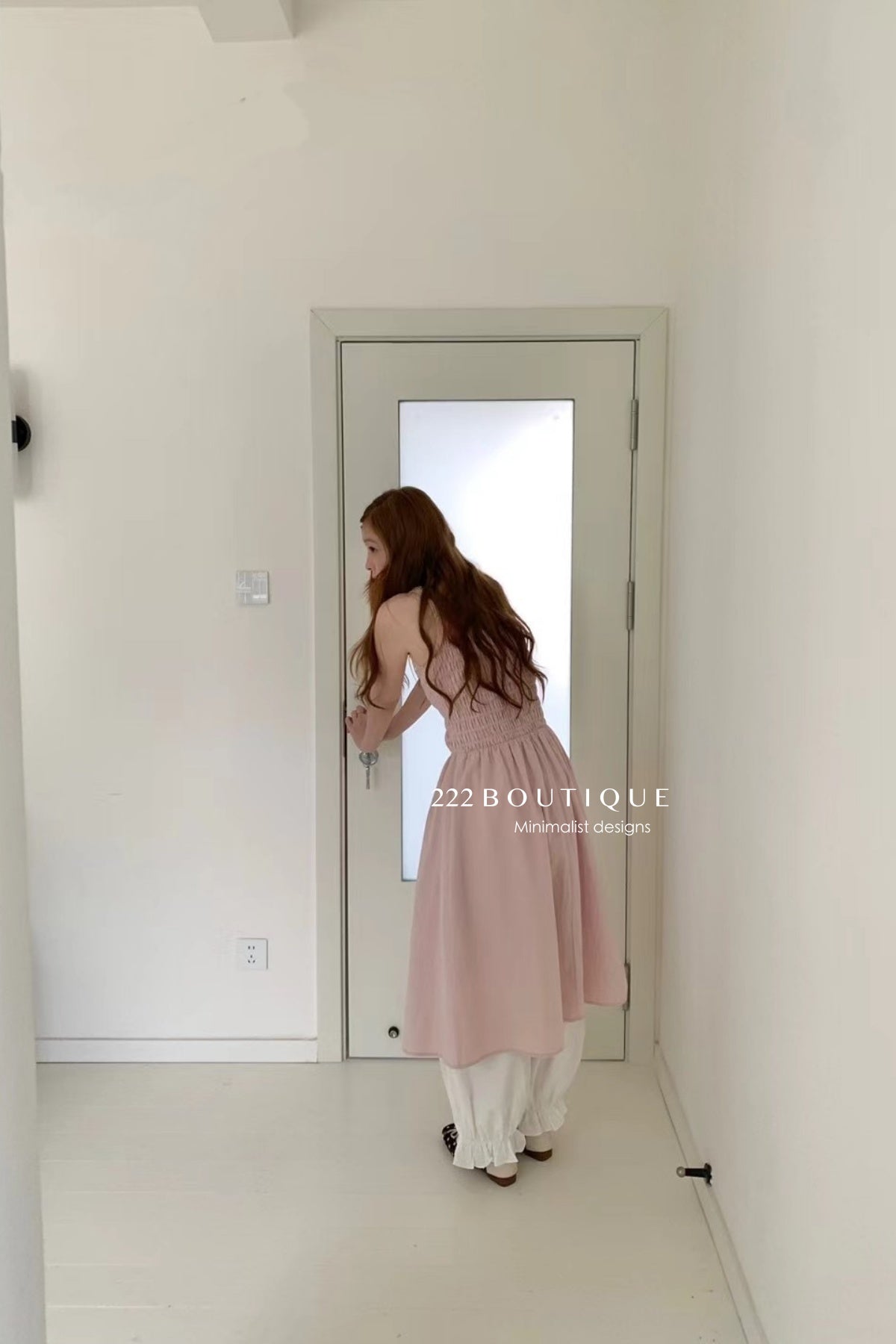 15v38 Textured smocked midi dress – soft pastel charm