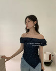 15a49 Off-shoulder floral denim top – romantic denim