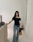 15a49 Off-shoulder floral denim top – romantic denim