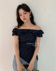 15a49 Off-shoulder floral denim top – romantic denim