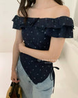 15a49 Off-shoulder floral denim top – romantic denim