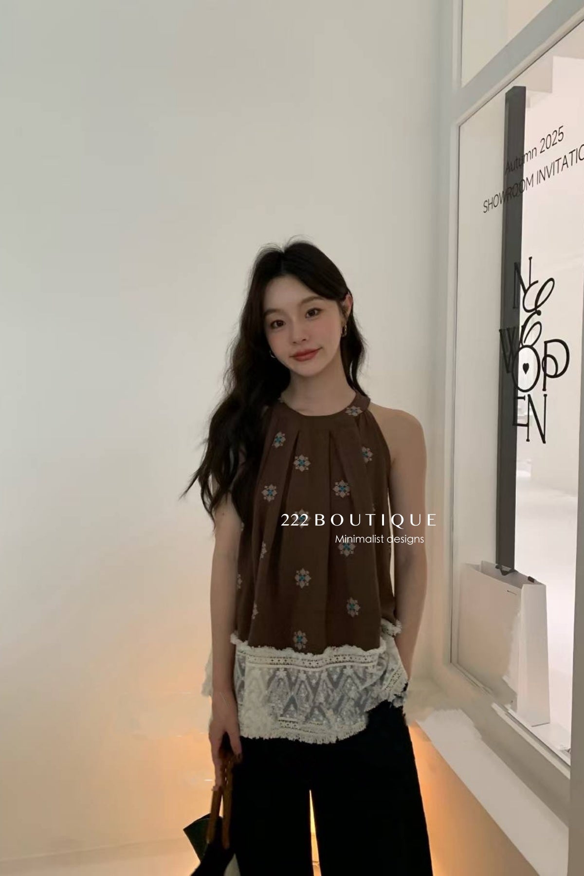 15a53 Embroidered A-line halter top – boho refinement
