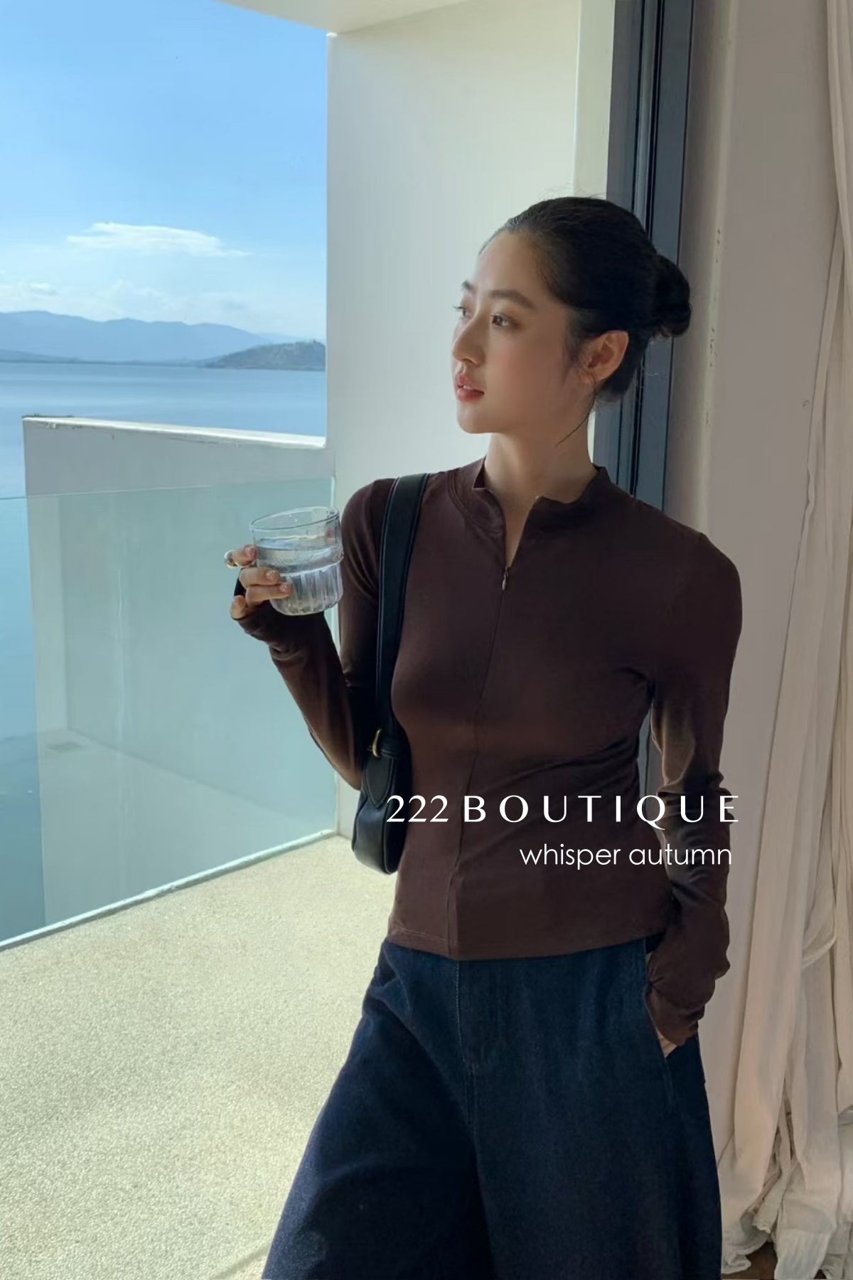 16a25 Zip-up cotton long-sleeve top